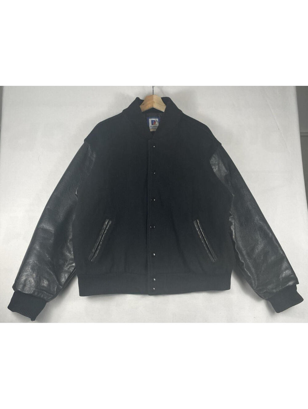 Vintage Rennoc Snap Varsity Letterman Wool Leather Black Jacket Made In USA Sz L